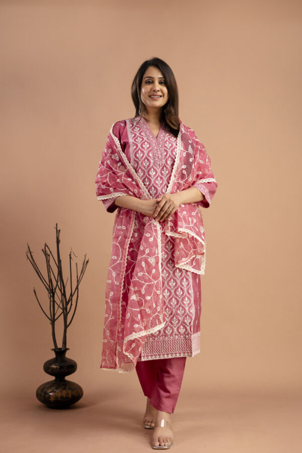 "Full Embroidered Lucknavi Kurti with V-Neck, Organza Lucknavi Dupatta & Plain Trouser" - Image 8