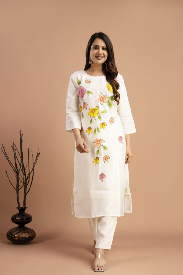 "Art Printed Kurti with Round Neck, Shiffon Printed Dupatta & Plain Pants" - Image 2