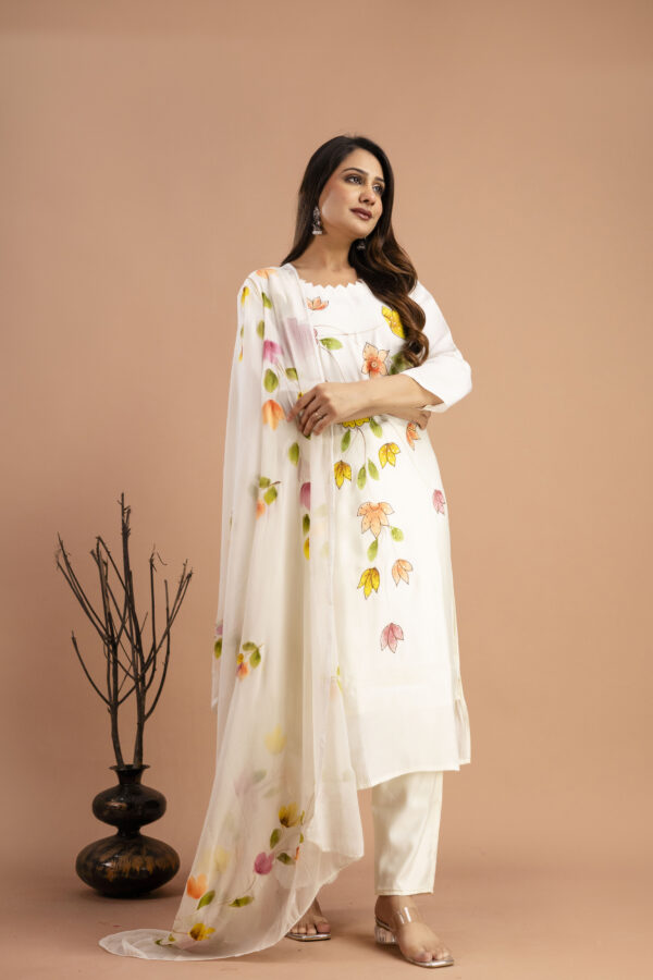 "Art Printed Kurti with Round Neck, Shiffon Printed Dupatta & Plain Pants" - Image 3