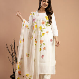 "Art Printed Kurti with Round Neck, Shiffon Printed Dupatta & Plain Pants"