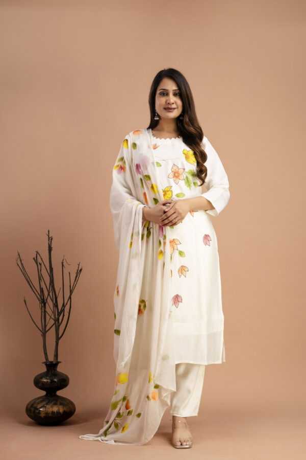 "Art Printed Kurti with Round Neck, Shiffon Printed Dupatta & Plain Pants" - Image 5