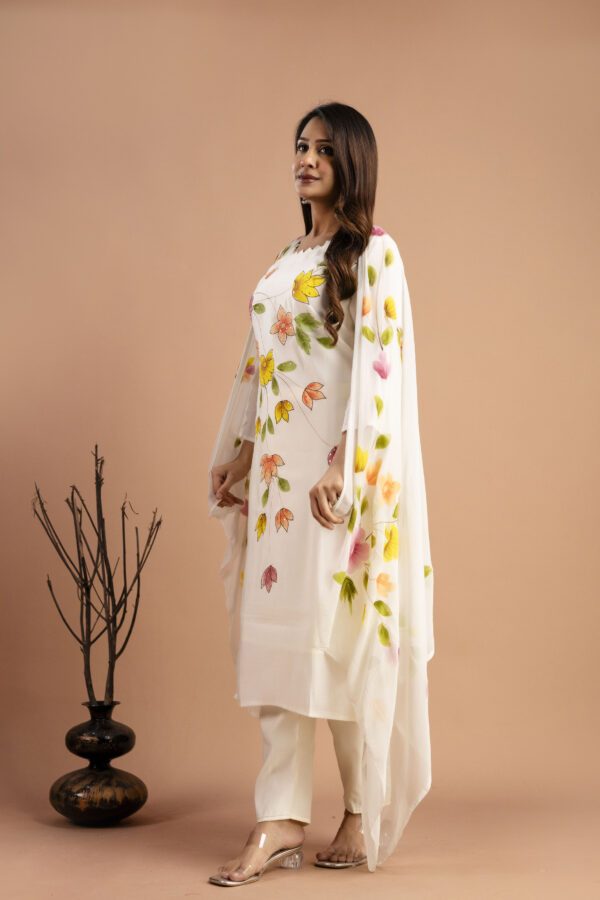 "Art Printed Kurti with Round Neck, Shiffon Printed Dupatta & Plain Pants" - Image 6