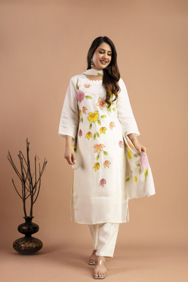 "Art Printed Kurti with Round Neck, Shiffon Printed Dupatta & Plain Pants" - Image 7
