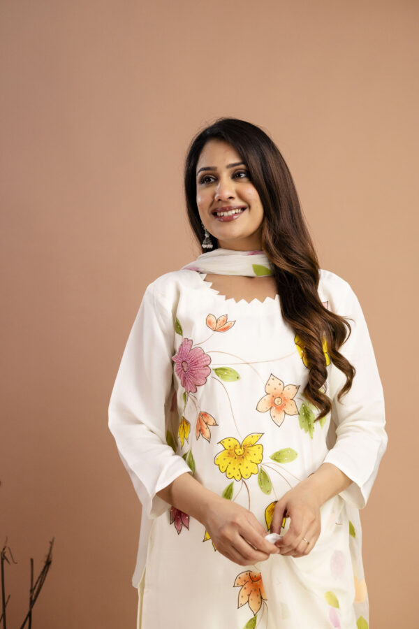 "Art Printed Kurti with Round Neck, Shiffon Printed Dupatta & Plain Pants" - Image 8