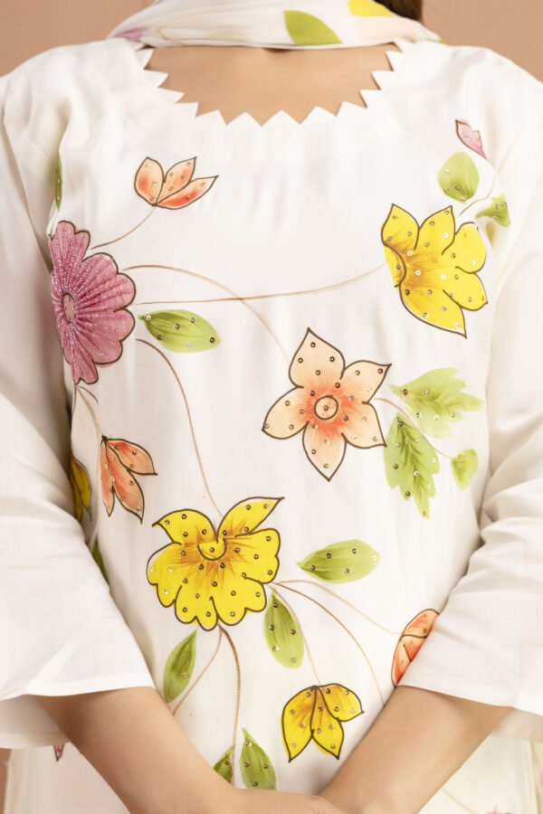 "Art Printed Kurti with Round Neck, Shiffon Printed Dupatta & Plain Pants" - Image 9