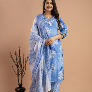 "Printed Kurti with Round Neck, Printed Dupatta & Matching Printed Pants"