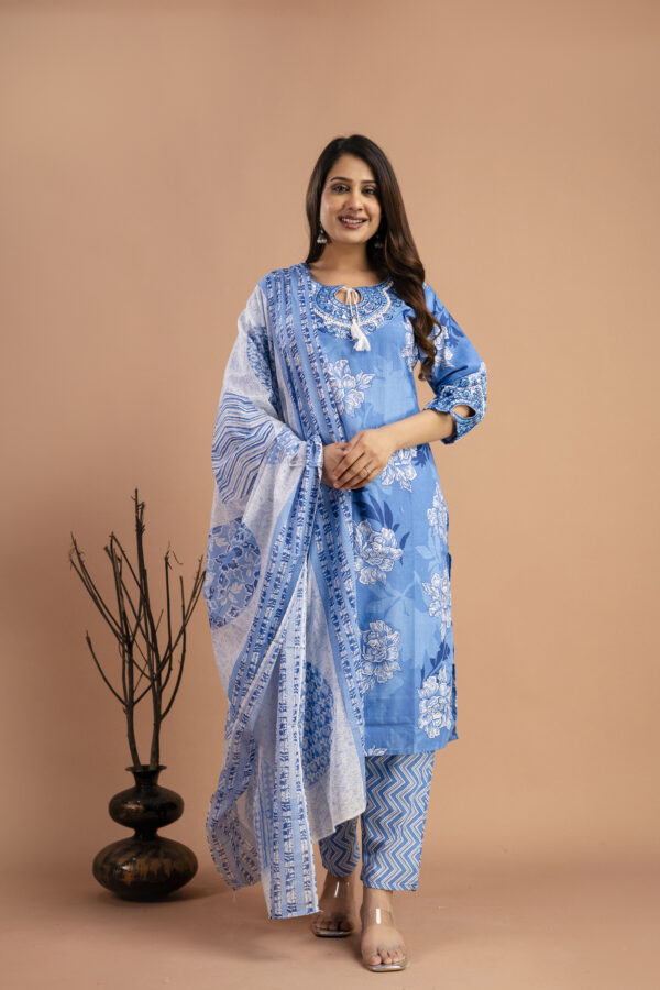 "Printed Kurti with Round Neck, Printed Dupatta & Matching Printed Pants"