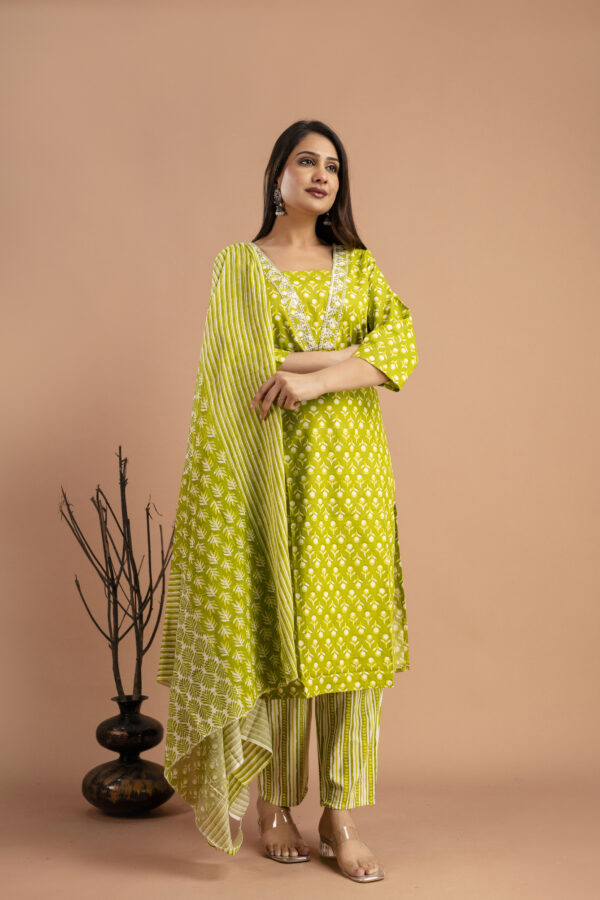 "Printed Resham Work V-Neck Kurti with Printed Dupatta & Matching Printed Pants" - Image 9