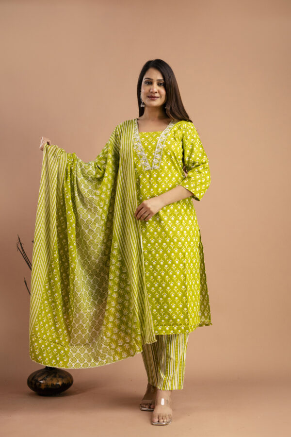 "Printed Resham Work V-Neck Kurti with Printed Dupatta & Matching Printed Pants" - Image 8