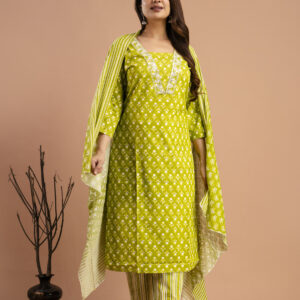 "Printed Resham Work V-Neck Kurti with Printed Dupatta & Matching Printed Pants"