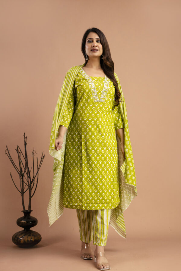 "Printed Resham Work V-Neck Kurti with Printed Dupatta & Matching Printed Pants"