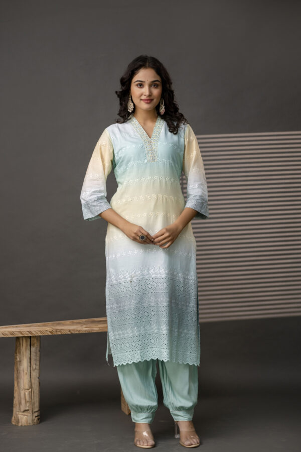 Double-Shaded V-Neck Kurti with Embroidered Cut Work, Palla, Plain Pant & Shiffon Dupatta - Image 9
