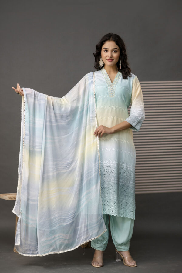 Double-Shaded V-Neck Kurti with Embroidered Cut Work, Palla, Plain Pant & Shiffon Dupatta - Image 8