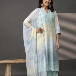 Double-Shaded V-Neck Kurti with Embroidered Cut Work, Palla, Plain Pant & Shiffon Dupatta