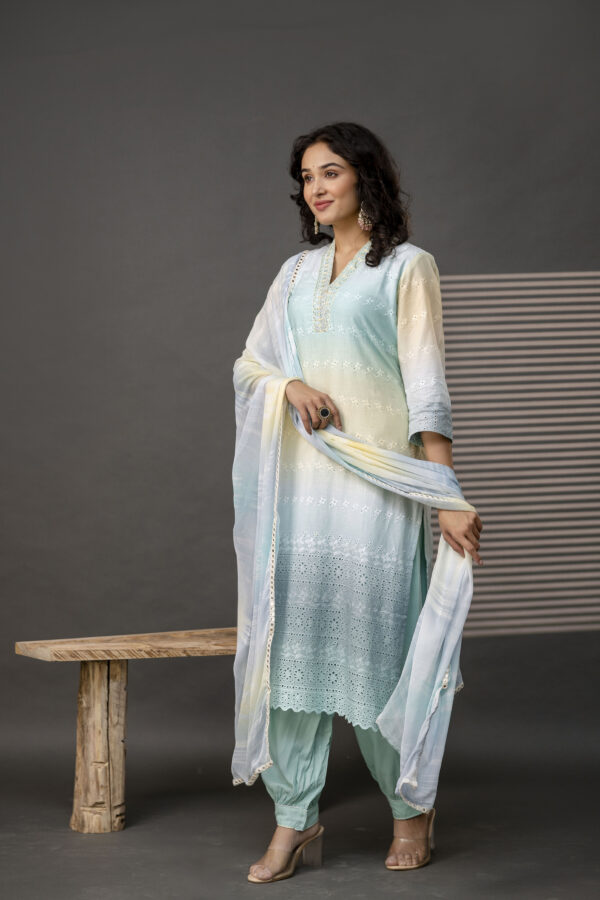 Double-Shaded V-Neck Kurti with Embroidered Cut Work, Palla, Plain Pant & Shiffon Dupatta - Image 6