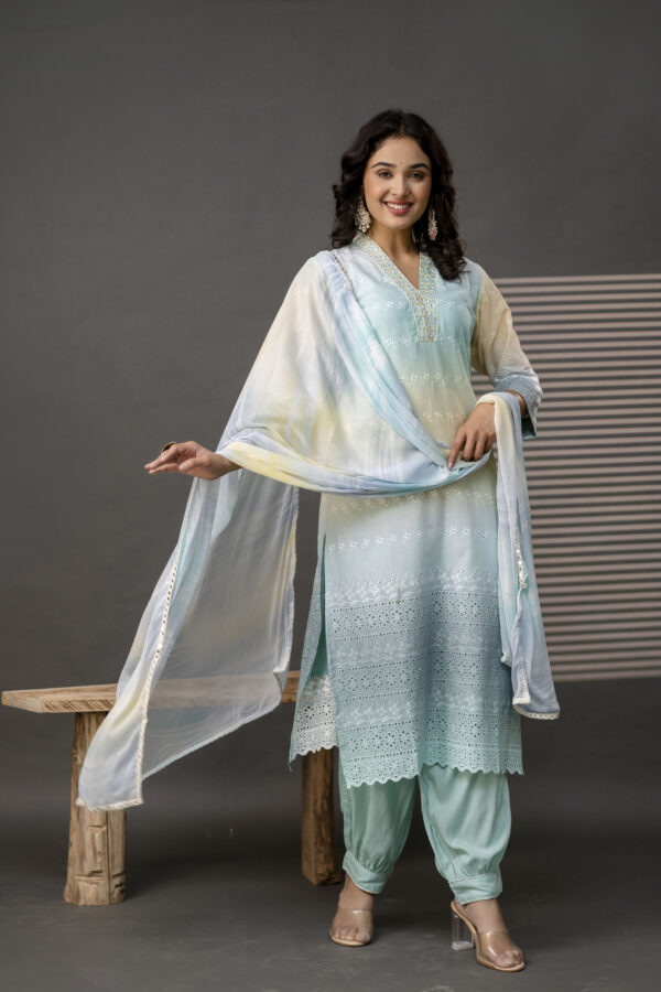 Double-Shaded V-Neck Kurti with Embroidered Cut Work, Palla, Plain Pant & Shiffon Dupatta - Image 5