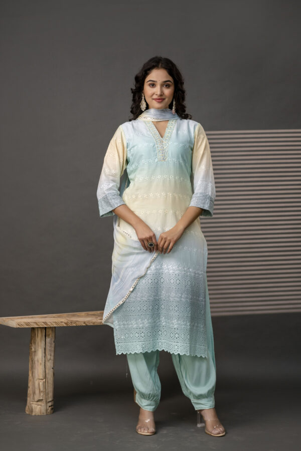 Double-Shaded V-Neck Kurti with Embroidered Cut Work, Palla, Plain Pant & Shiffon Dupatta - Image 4