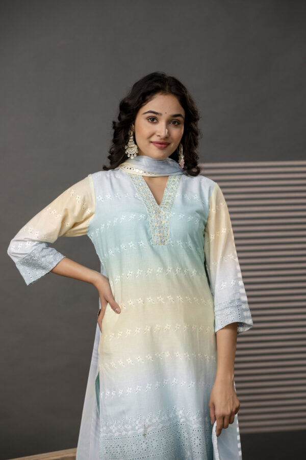 Double-Shaded V-Neck Kurti with Embroidered Cut Work, Palla, Plain Pant & Shiffon Dupatta - Image 3