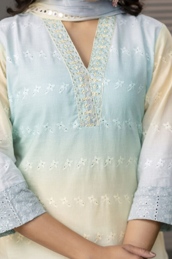 Double-Shaded V-Neck Kurti with Embroidered Cut Work, Palla, Plain Pant & Shiffon Dupatta - Image 2