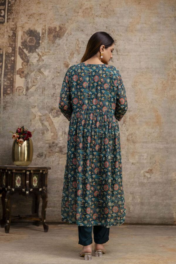 "Chiffon Printed Aalia Cut Frock with V-Neck, Sequence Worked Dupatta & Plain Trouser" - Image 10