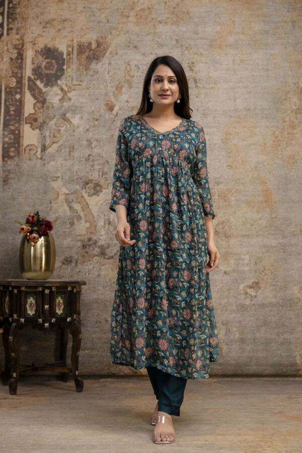 "Chiffon Printed Aalia Cut Frock with V-Neck, Sequence Worked Dupatta & Plain Trouser" - Image 9