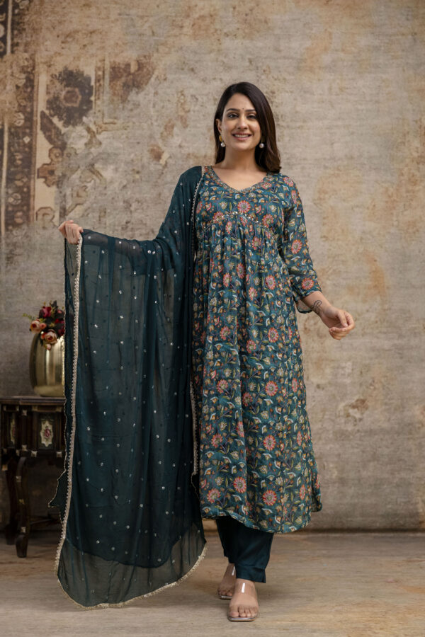 "Chiffon Printed Aalia Cut Frock with V-Neck, Sequence Worked Dupatta & Plain Trouser" - Image 8