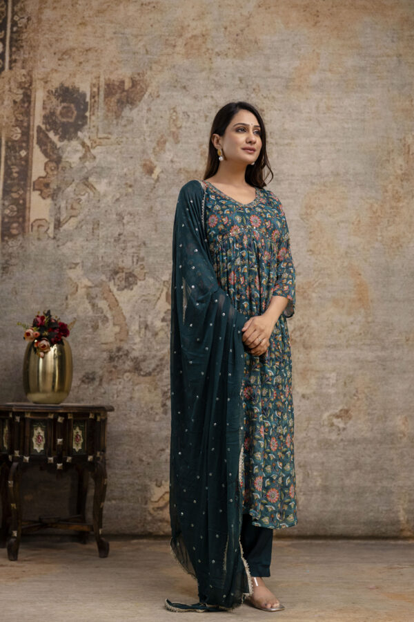 "Chiffon Printed Aalia Cut Frock with V-Neck, Sequence Worked Dupatta & Plain Trouser" - Image 7