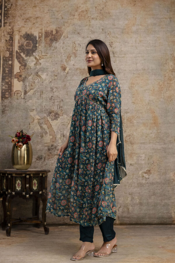 "Chiffon Printed Aalia Cut Frock with V-Neck, Sequence Worked Dupatta & Plain Trouser" - Image 6