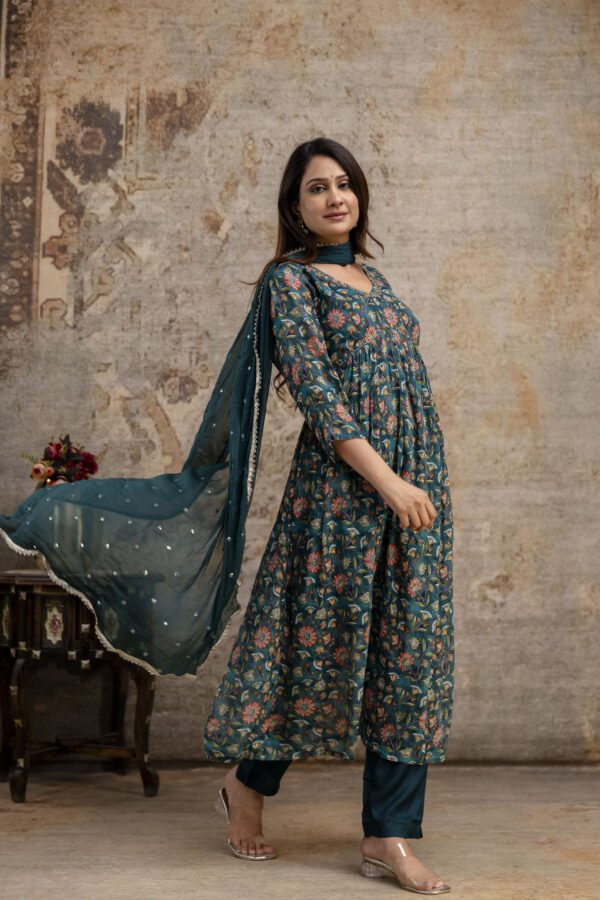 "Chiffon Printed Aalia Cut Frock with V-Neck, Sequence Worked Dupatta & Plain Trouser" - Image 5