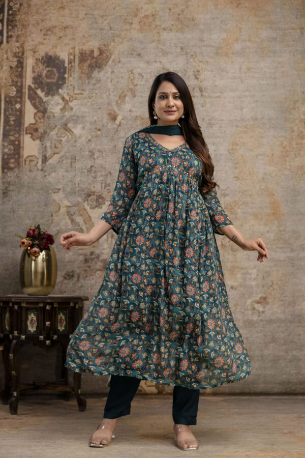 "Chiffon Printed Aalia Cut Frock with V-Neck, Sequence Worked Dupatta & Plain Trouser" - Image 12