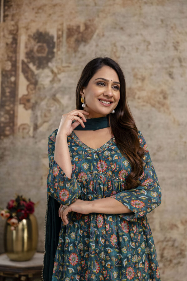 "Chiffon Printed Aalia Cut Frock with V-Neck, Sequence Worked Dupatta & Plain Trouser" - Image 3