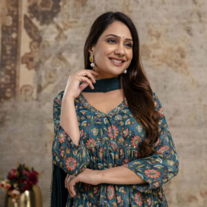 "Chiffon Printed Aalia Cut Frock with V-Neck, Sequence Worked Dupatta & Plain Trouser"