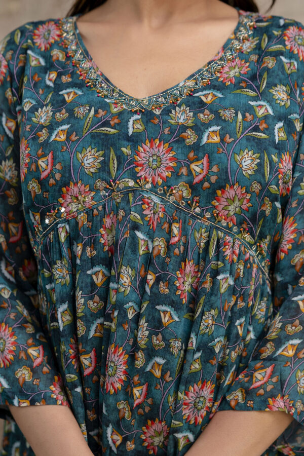"Chiffon Printed Aalia Cut Frock with V-Neck, Sequence Worked Dupatta & Plain Trouser" - Image 2