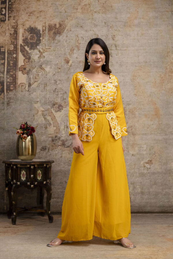 "Co-Ord Set with Pal Work, Round Neck, and Plain Palazzo" - Image 9