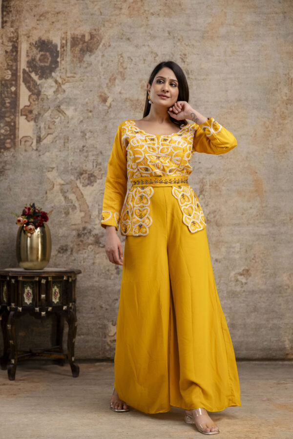 "Co-Ord Set with Pal Work, Round Neck, and Plain Palazzo" - Image 7