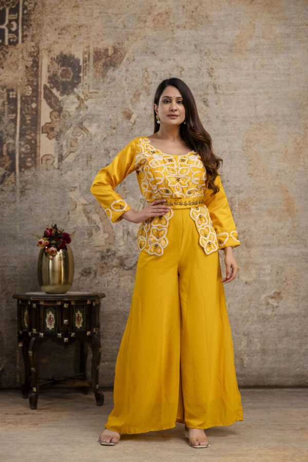 "Co-Ord Set with Pal Work, Round Neck, and Plain Palazzo" - Image 6
