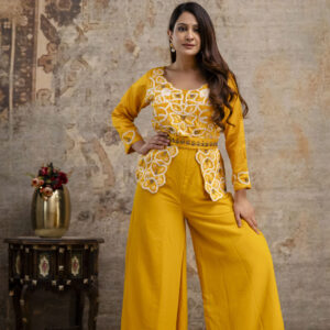 "Co-Ord Set with Pal Work, Round Neck, and Plain Palazzo"