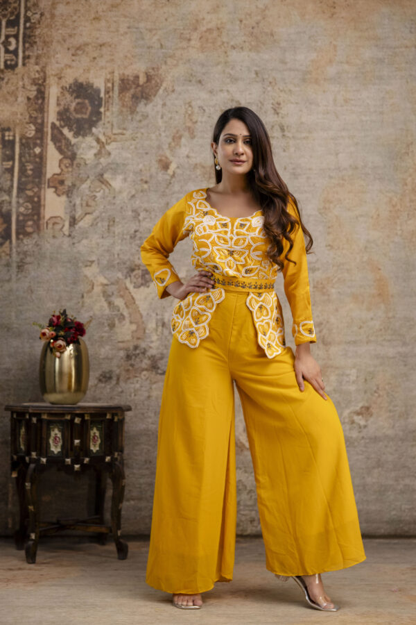 "Co-Ord Set with Pal Work, Round Neck, and Plain Palazzo"