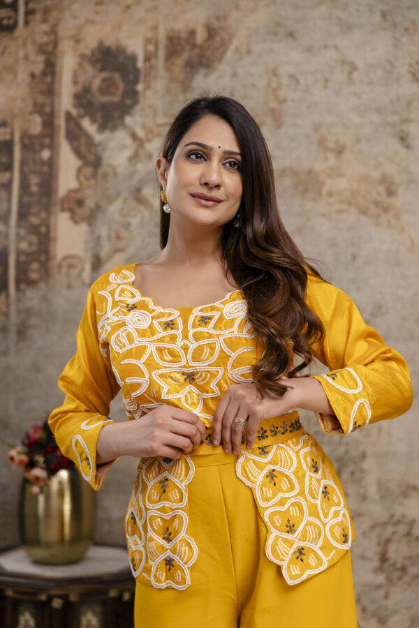 "Co-Ord Set with Pal Work, Round Neck, and Plain Palazzo" - Image 4
