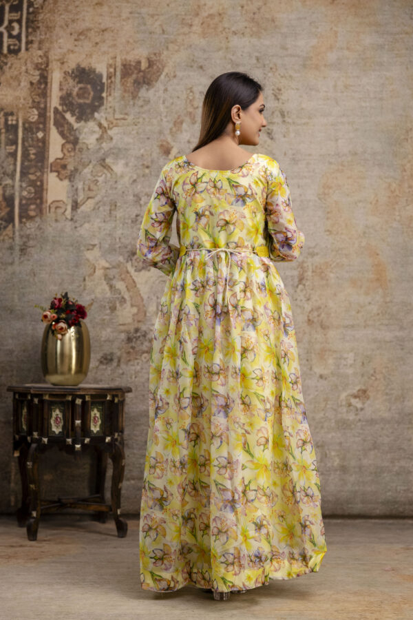 "Printed Gown with Round Neck, Organza Printed Dupatta & Belt" - Image 9