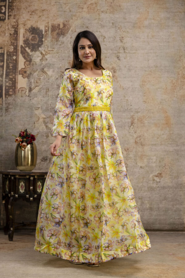 "Printed Gown with Round Neck, Organza Printed Dupatta & Belt"