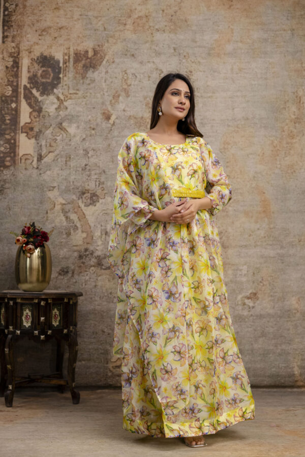 "Printed Gown with Round Neck, Organza Printed Dupatta & Belt" - Image 7
