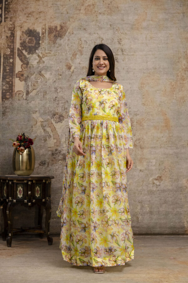 "Printed Gown with Round Neck, Organza Printed Dupatta & Belt" - Image 6