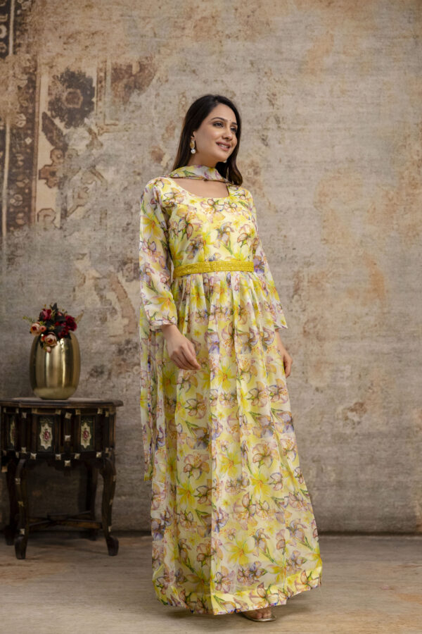 "Printed Gown with Round Neck, Organza Printed Dupatta & Belt" - Image 5