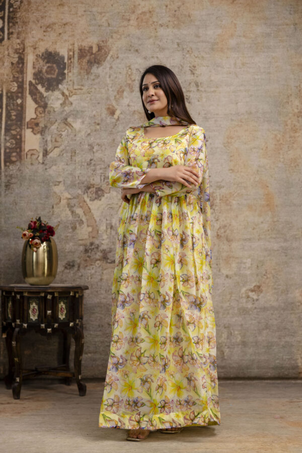 "Printed Gown with Round Neck, Organza Printed Dupatta & Belt" - Image 4