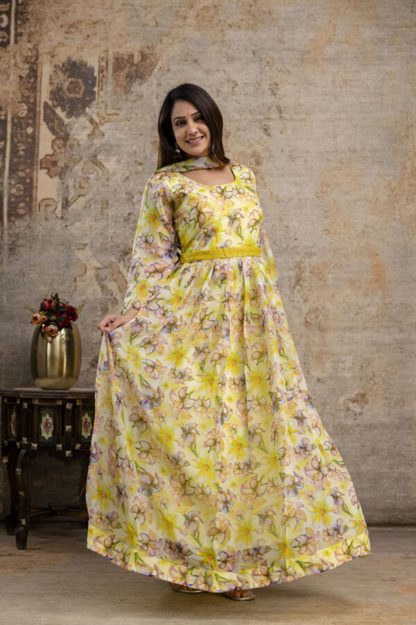 "Printed Gown with Round Neck, Organza Printed Dupatta & Belt" - Image 3