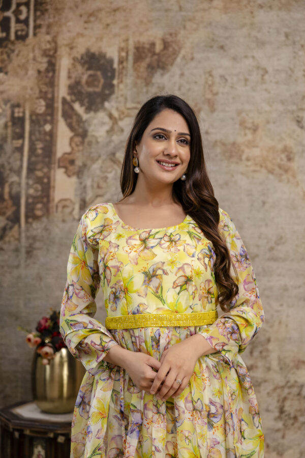 "Printed Gown with Round Neck, Organza Printed Dupatta & Belt" - Image 2