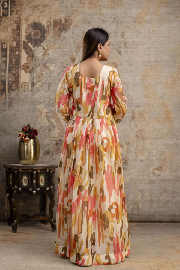 "Printed Gown with Round Neck and Printed Organza Dupatta" - Image 10