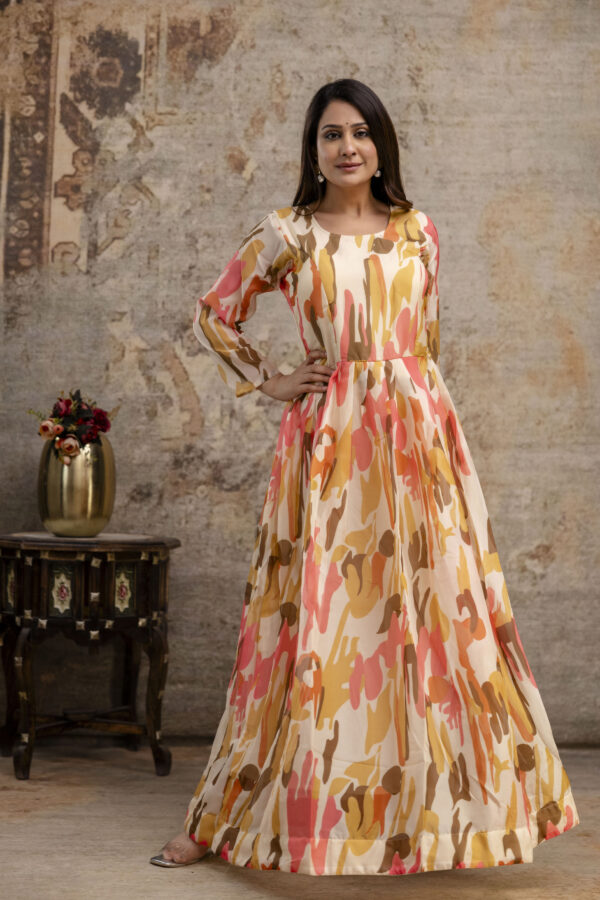 "Printed Gown with Round Neck and Printed Organza Dupatta" - Image 9