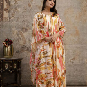 "Printed Gown with Round Neck and Printed Organza Dupatta"